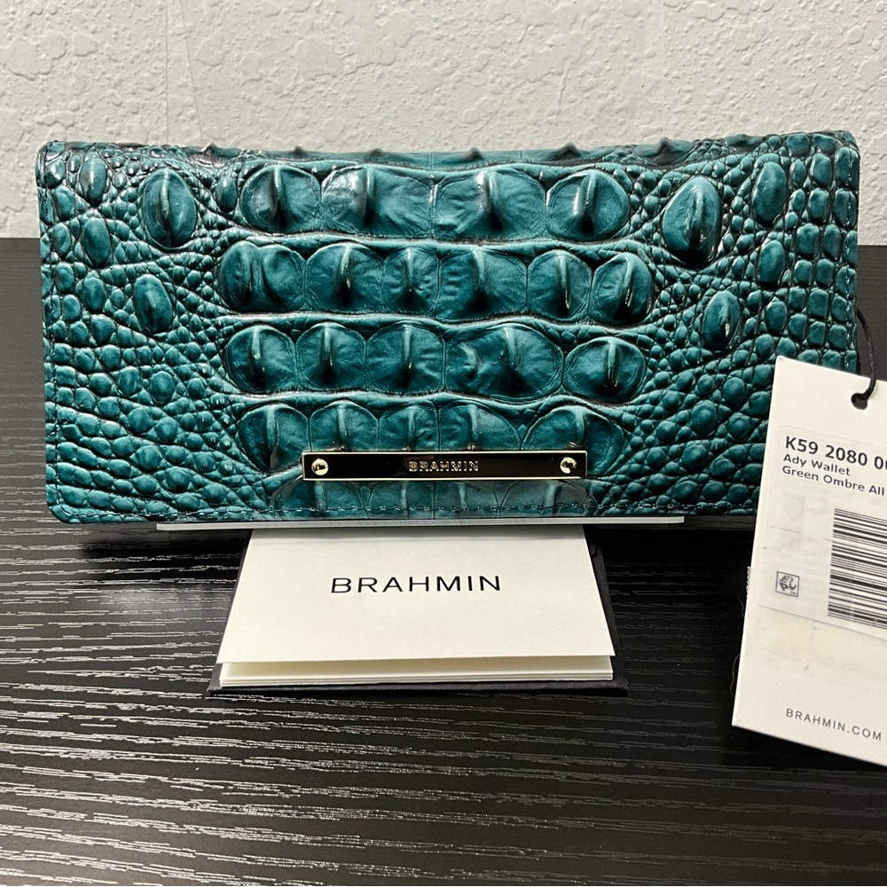 Brahmin Ady GREEN OMBRÉ ALL OVER Slim Leather Wallet NWT